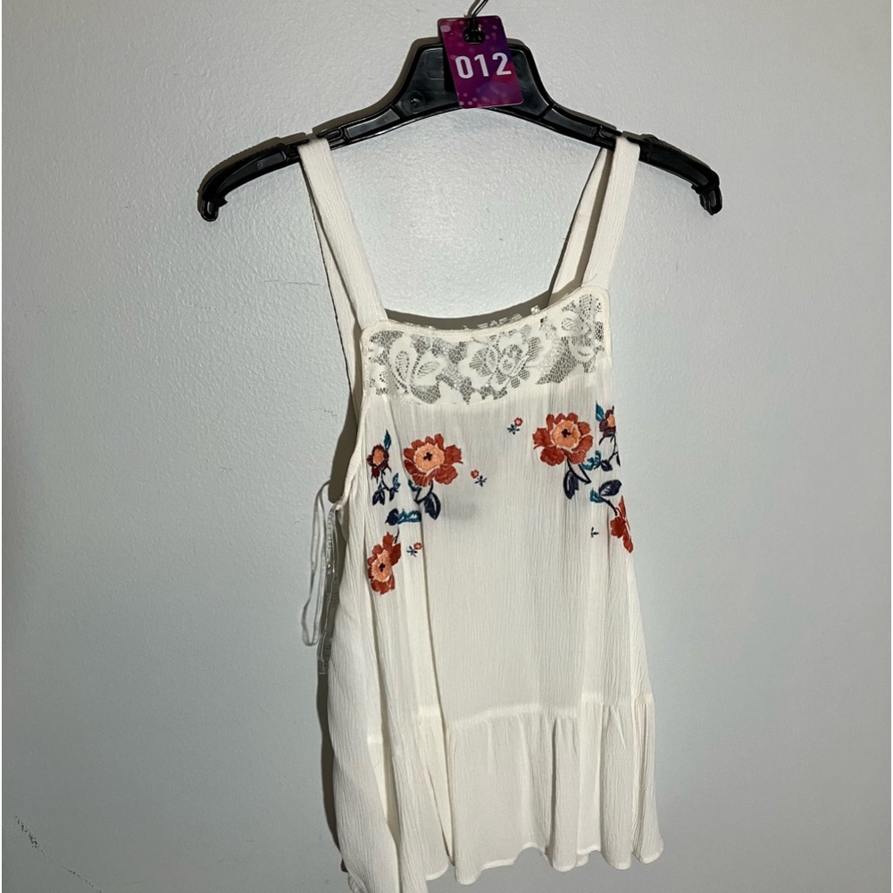 NWT #12 Floral Embroidery on Tiered White with lace inset top